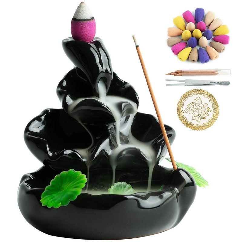 VVMONE Cute Ceramic Backflow Incense Holder Waterfall Incense Burner with 48 Incense Cones and 30 Incense Stick, Incense Fountain for Home Decor, Desk Decor(Black) - Image 1
